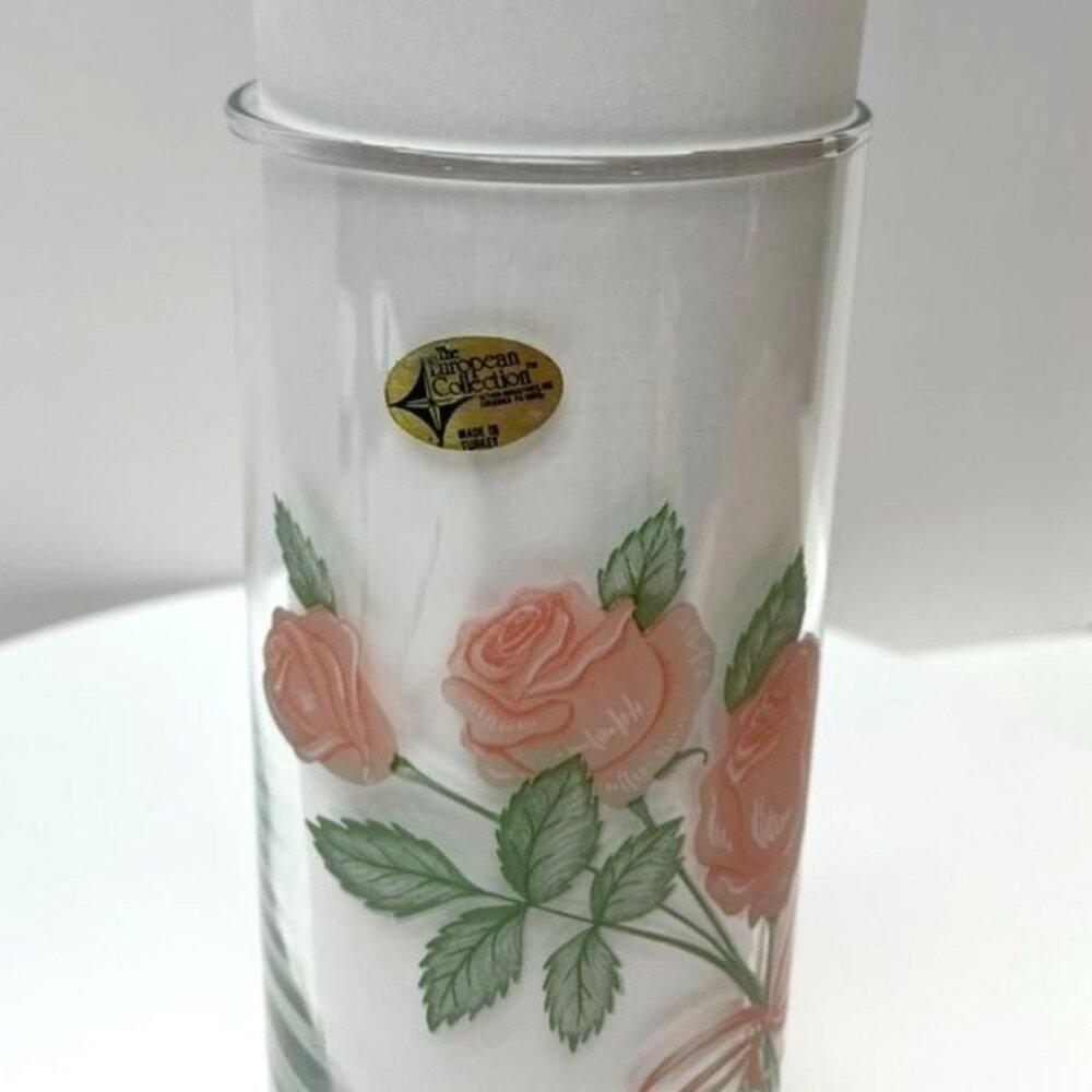 Enameled Etched Floral Clear Glass Vase Pink Roses European Collection Turkey - Picture 5 of 7